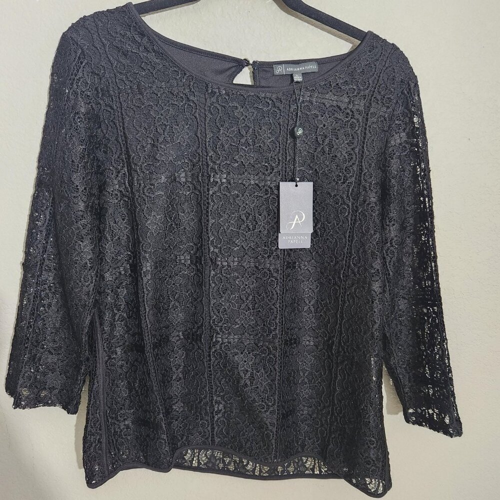 Adrianna Papell Shirt Large Lace Lined Blouse Black